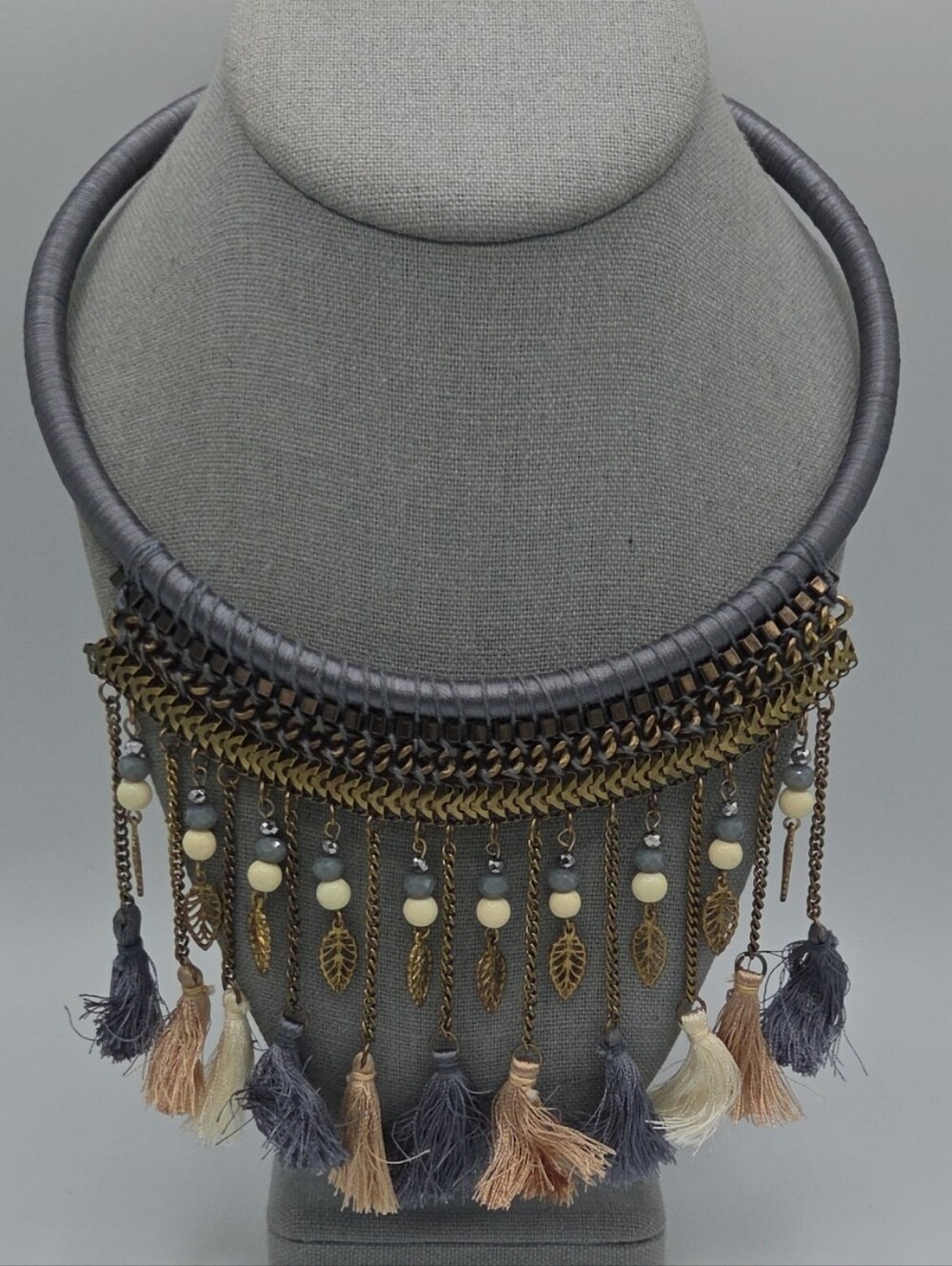5 for $25! Jardin Boho Tassel Fringe Statement Necklace - Gray, Peach & Cream